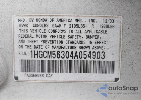 2004 Honda Accord 2.4 Lx из США, поврежденный, VIN 1HGCM56304A054903